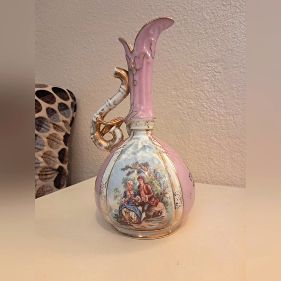 Antique Pink Victoria Carlesbad Austria Transferware Vining Handled Gilt Pitcher